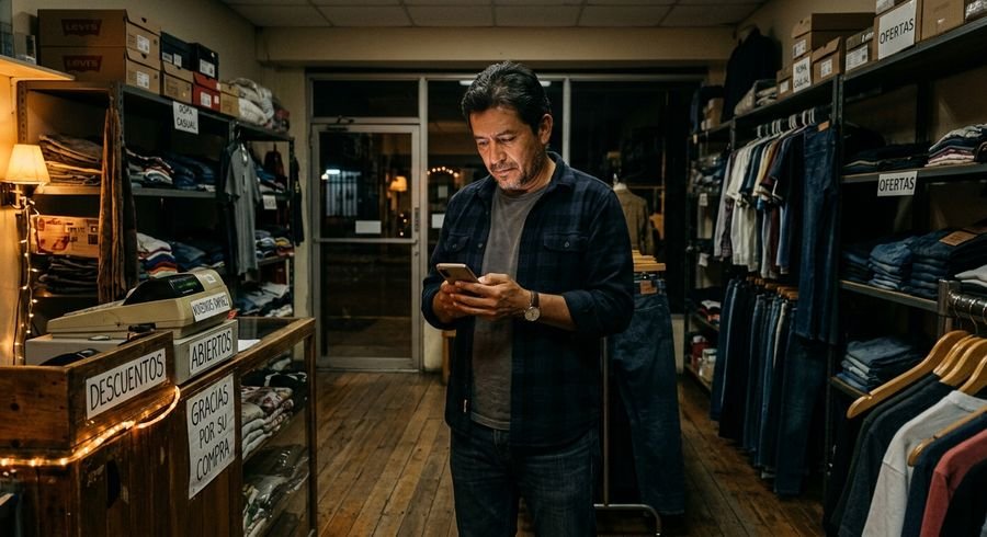 Dueño de comercio mirando el teléfono